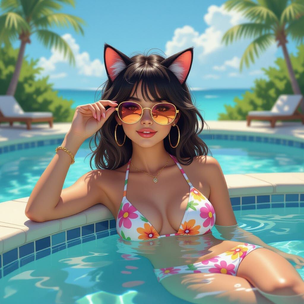 Cat Girl Lounging Poolside in Whimsical Style