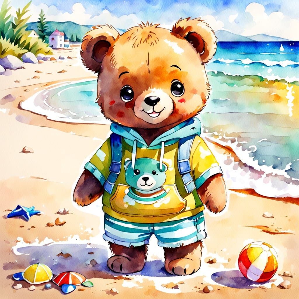 Vibrant Watercolor Cartoon of Happy Bear Cub on Beach