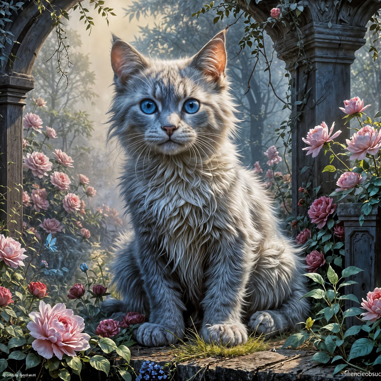 Beautiful Kitten in a Whimsical Garden of Roses and Peonies