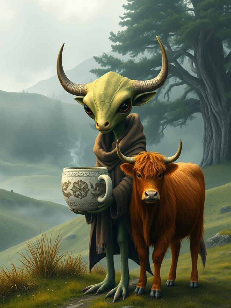 Alien Sips Coffee Beside Highland Cow in Whimsical Scottish ...