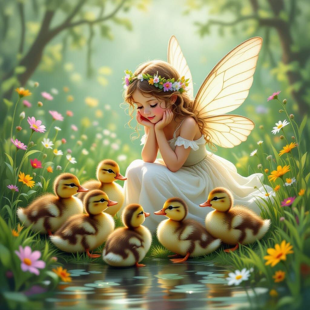 Ducklings and Nymph in Enchanted Garden Setting