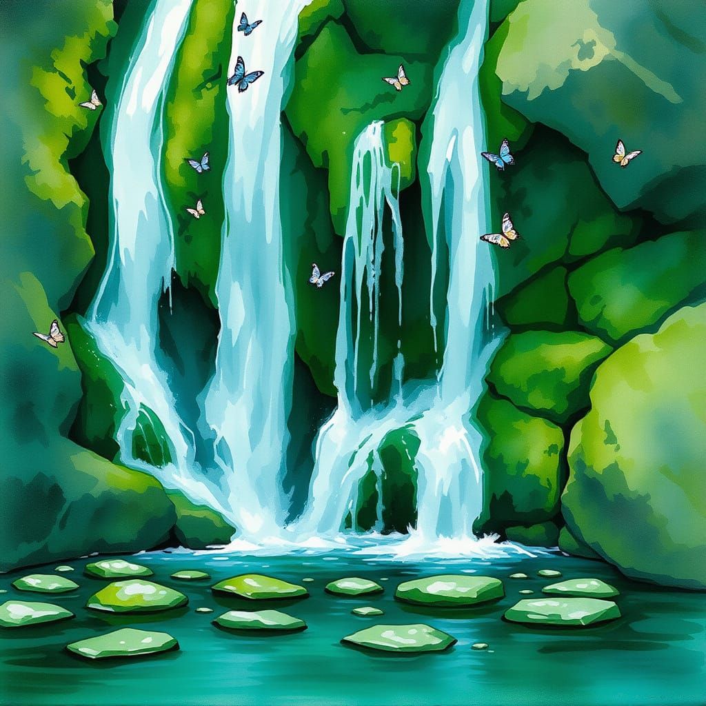 Dreamy Waterfall in Vibrant Watercolor