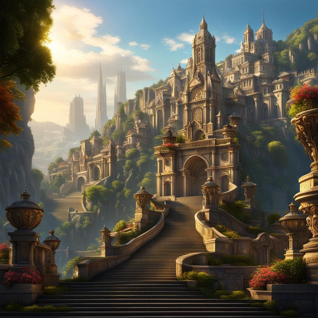 Fantasy Metropolis Landscape with Angel Statues