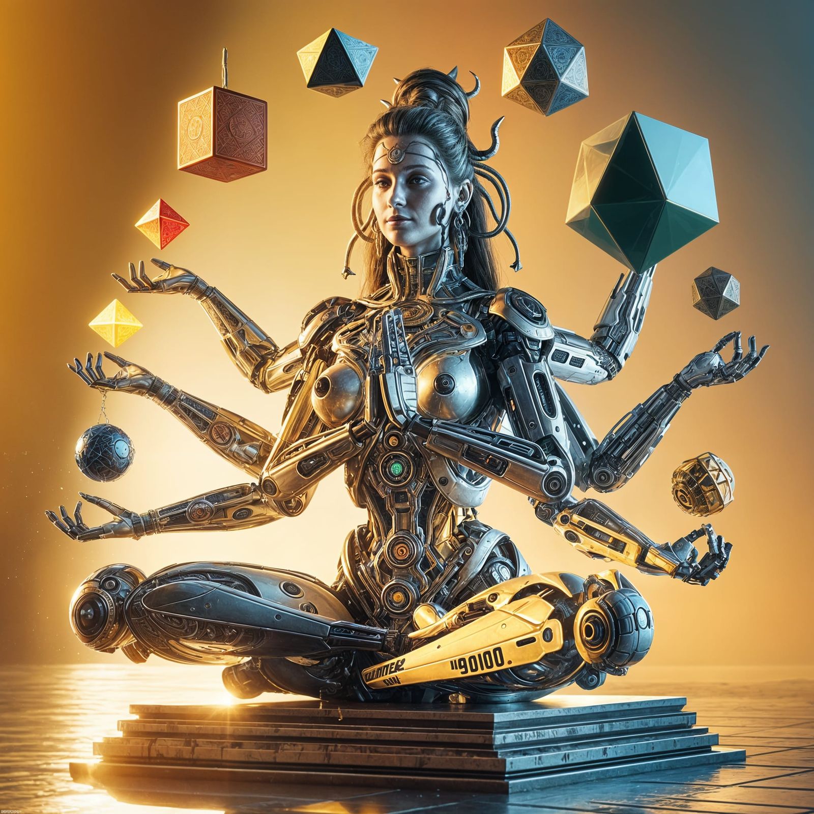 Cyborg Shiva with Geometric Shapes in Golden Light