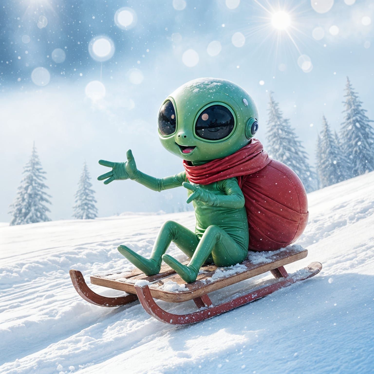 Happy Alien Sledding Downhill in the Snow