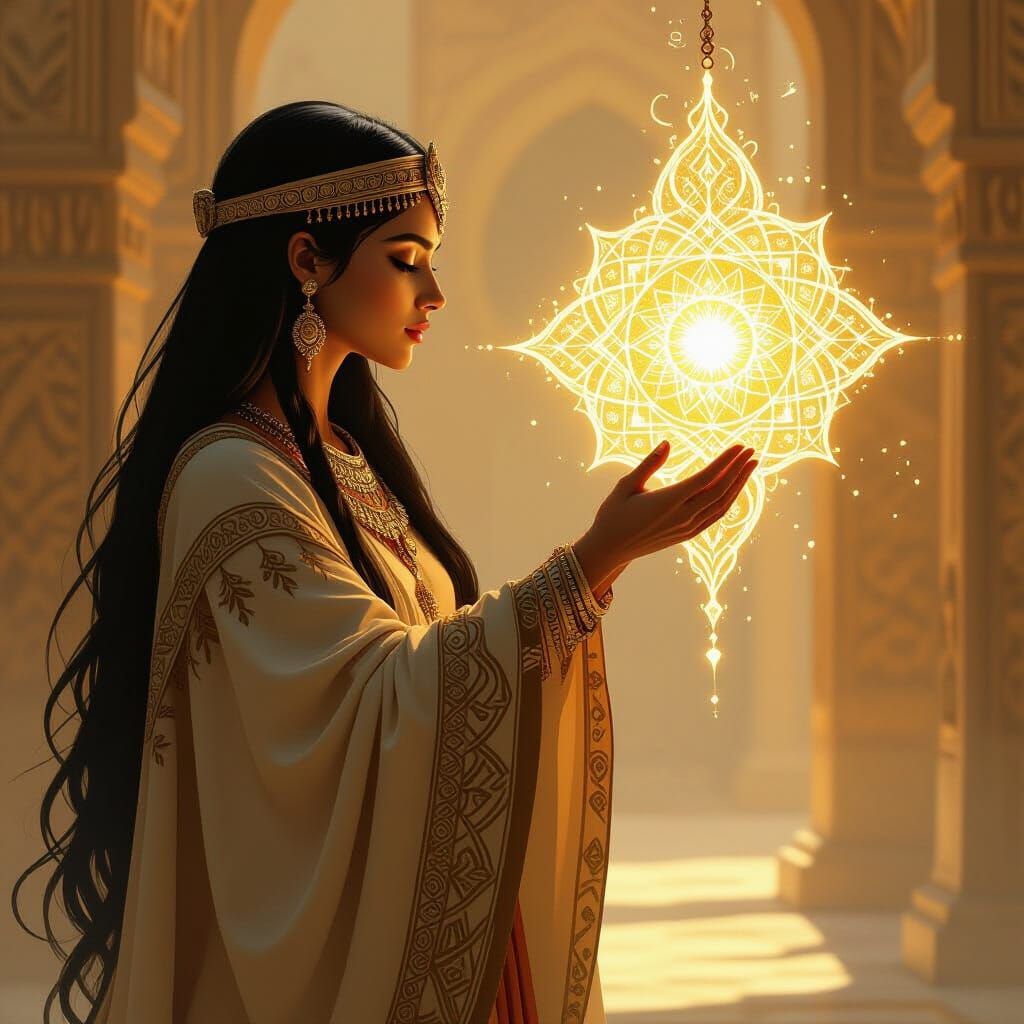Nefru Reaches for Radiant Amulet in Digital Art
