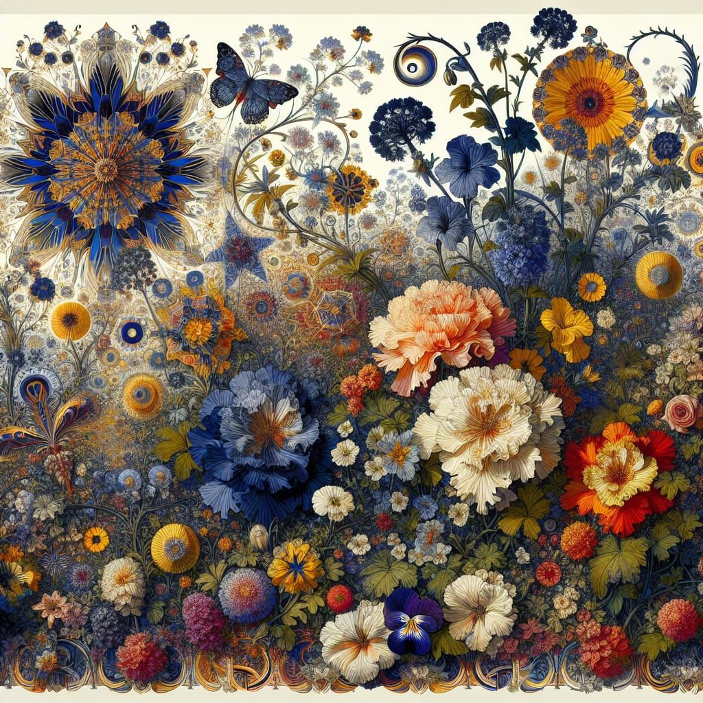 Art Deco Fractal Design with Summer Flowers