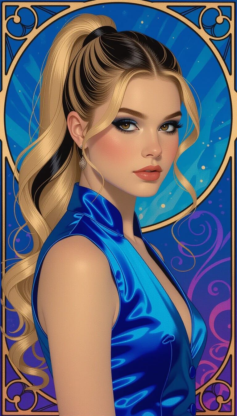 Young Woman in Blue Vest, High Ponytail, Dramatic Eyes