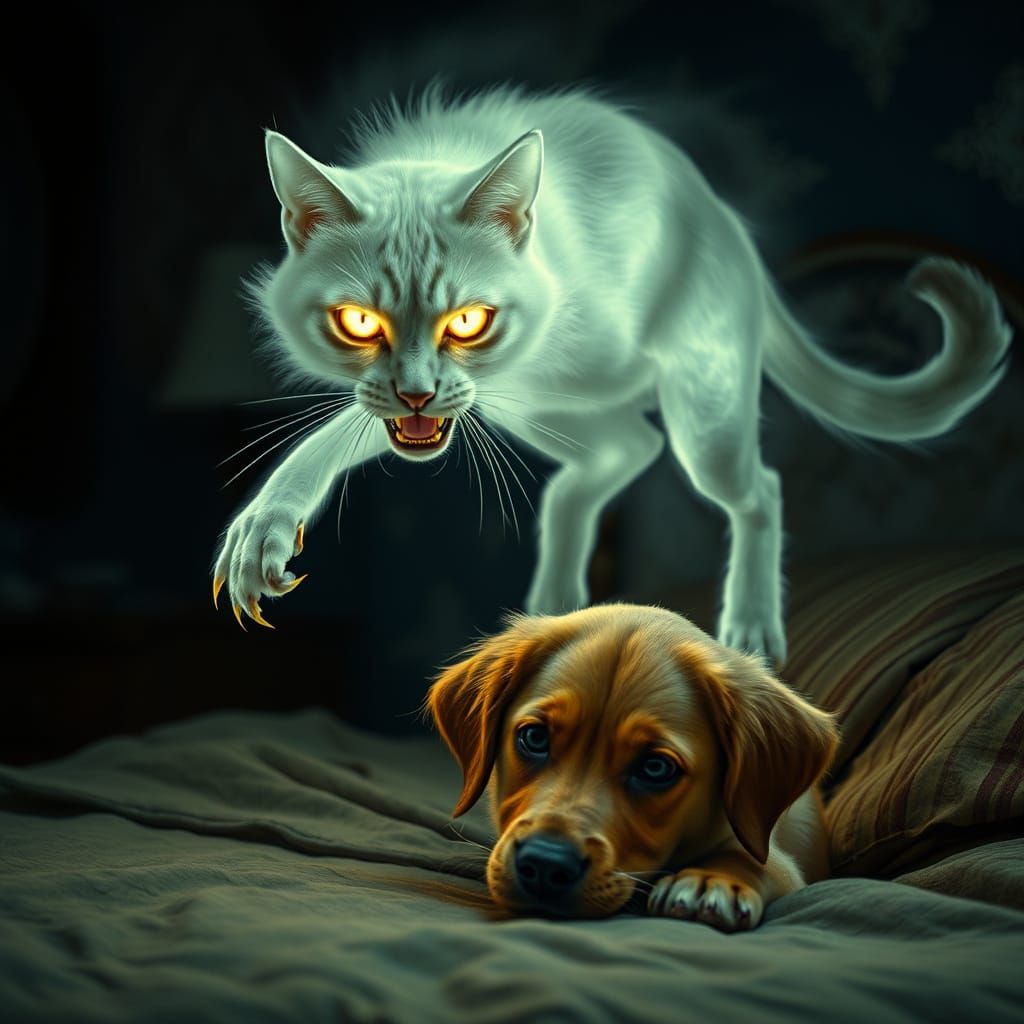 Ethereal Feline Apparition Confronts Cowering Golden Retriev...