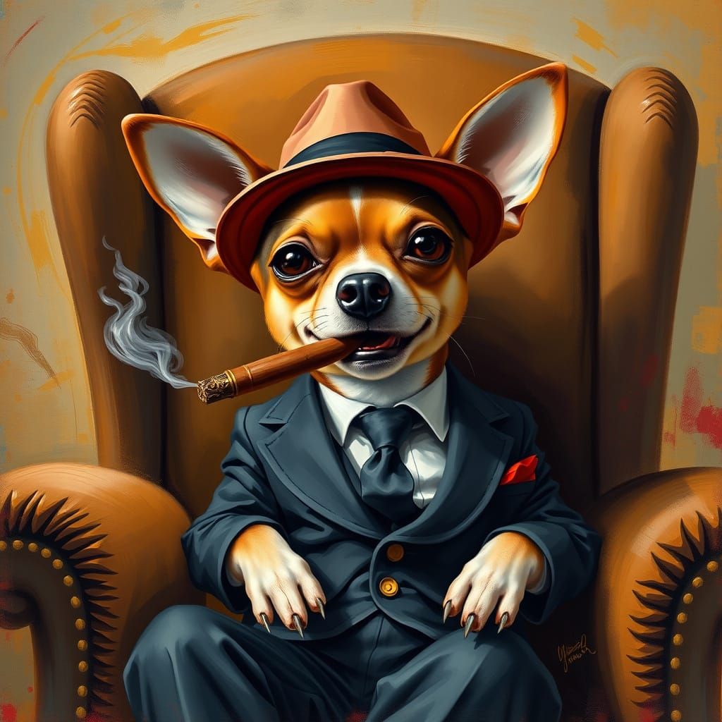 Confident Chihuahua Sits in Plush Armchair, Smoking a Cigar
