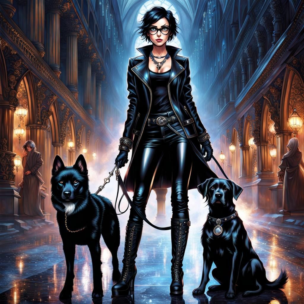 Gothic Woman with Dog in Splash Art Style