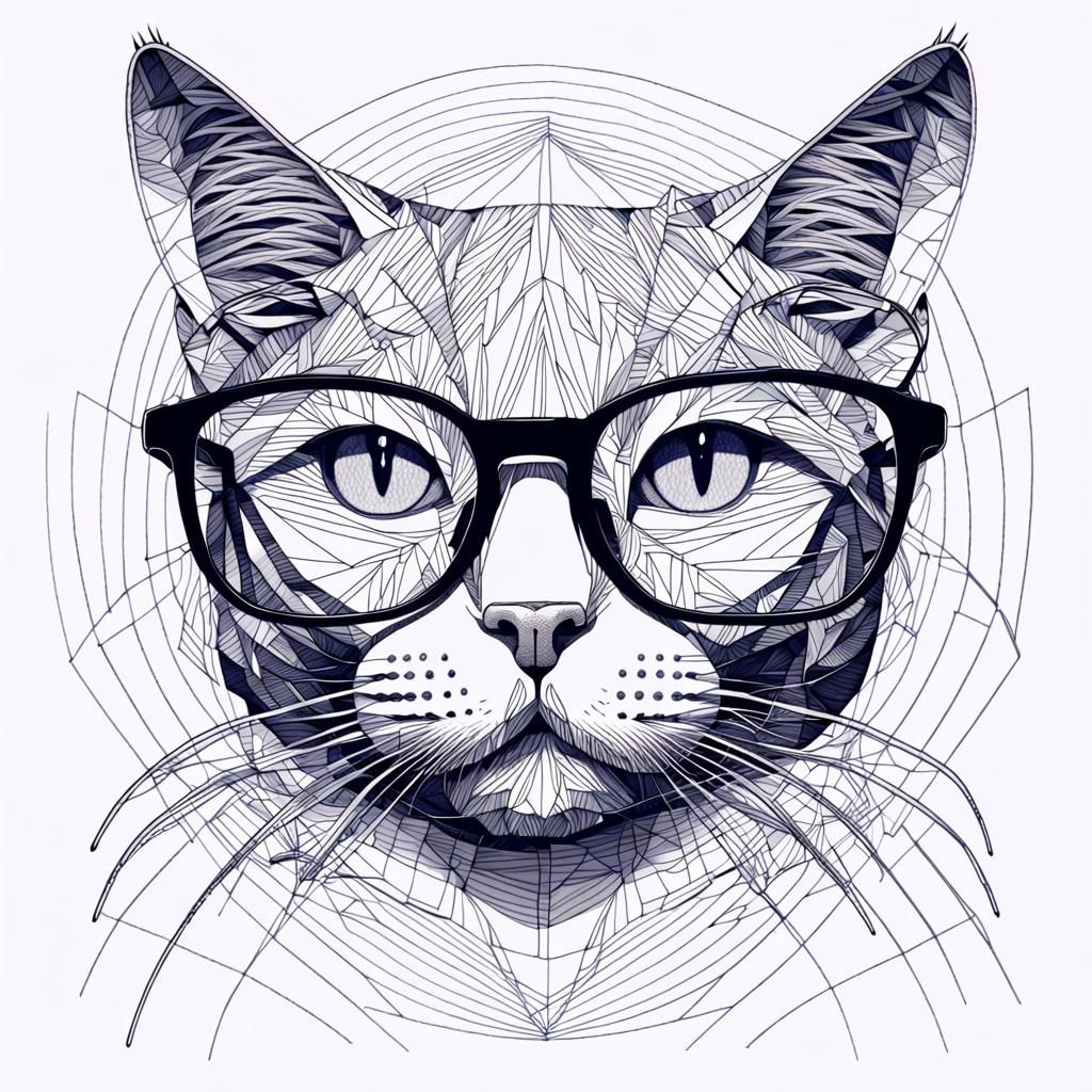 Monochrome Cat Portrait with Geometric Glasses