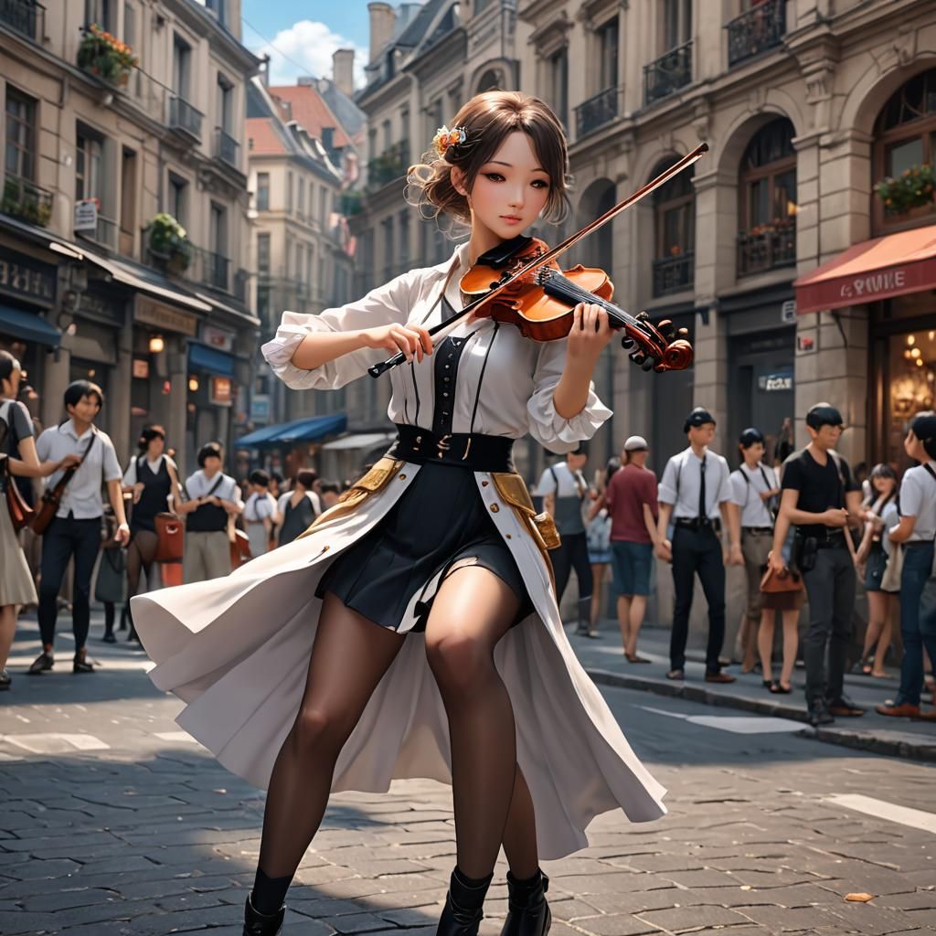 Anime Style Woman Dancing with Violin in Street