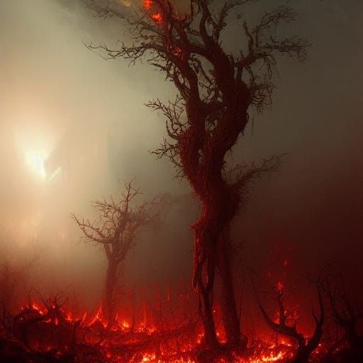 Thorny Vines Ascend from Darkness to Fiery Light