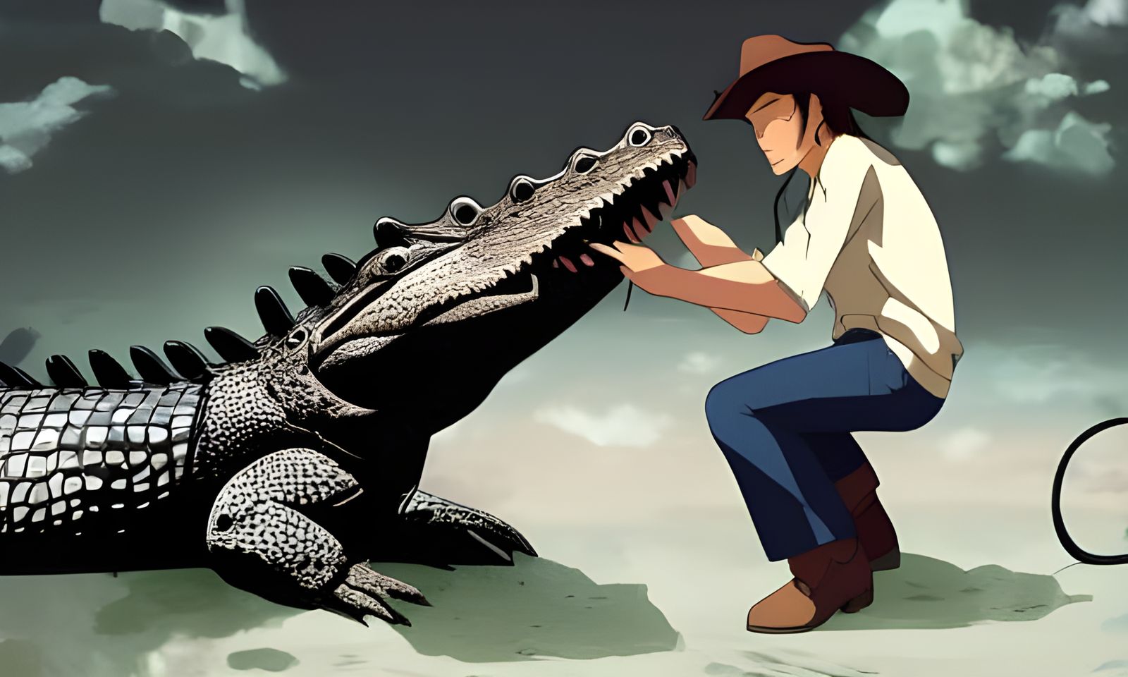Confused Cowboy Rides Alligator in Anime Style