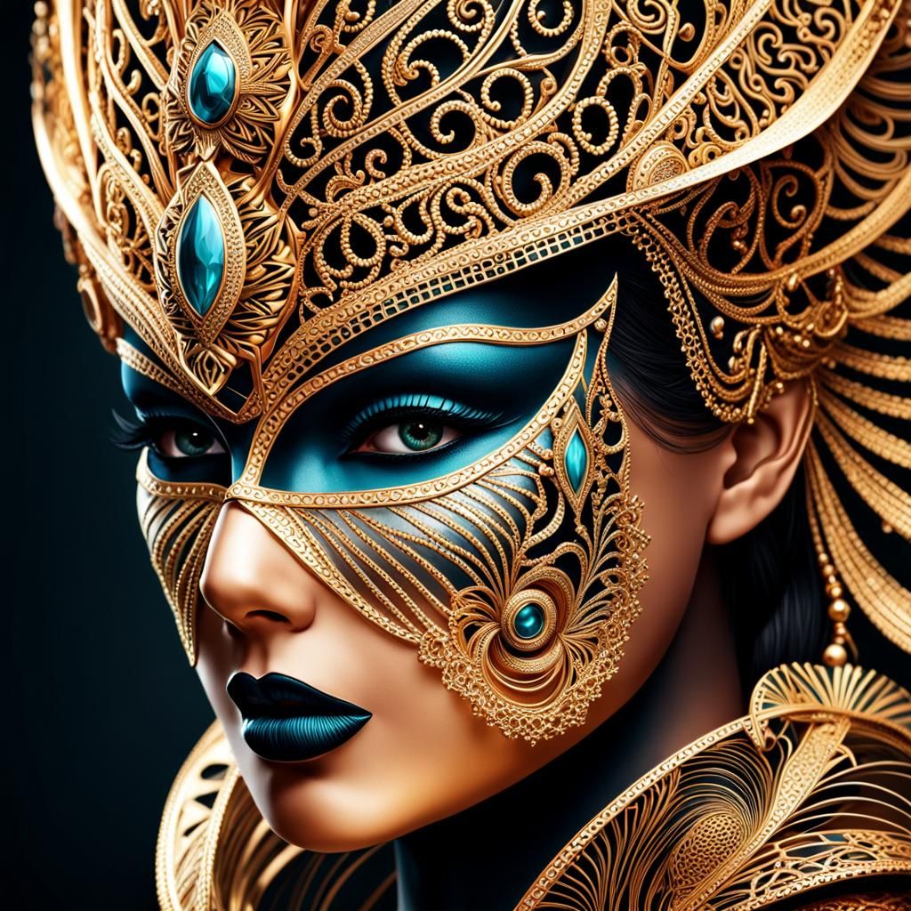 Filigree Masked Woman: Hyperrealistic Kinetic Pointillism Po...