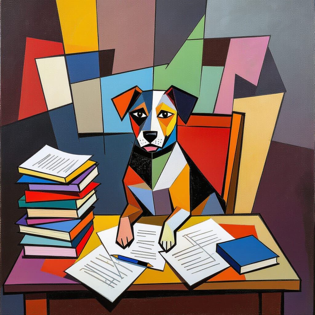 Abstract Cubist Dog Amidst Homework Chaos