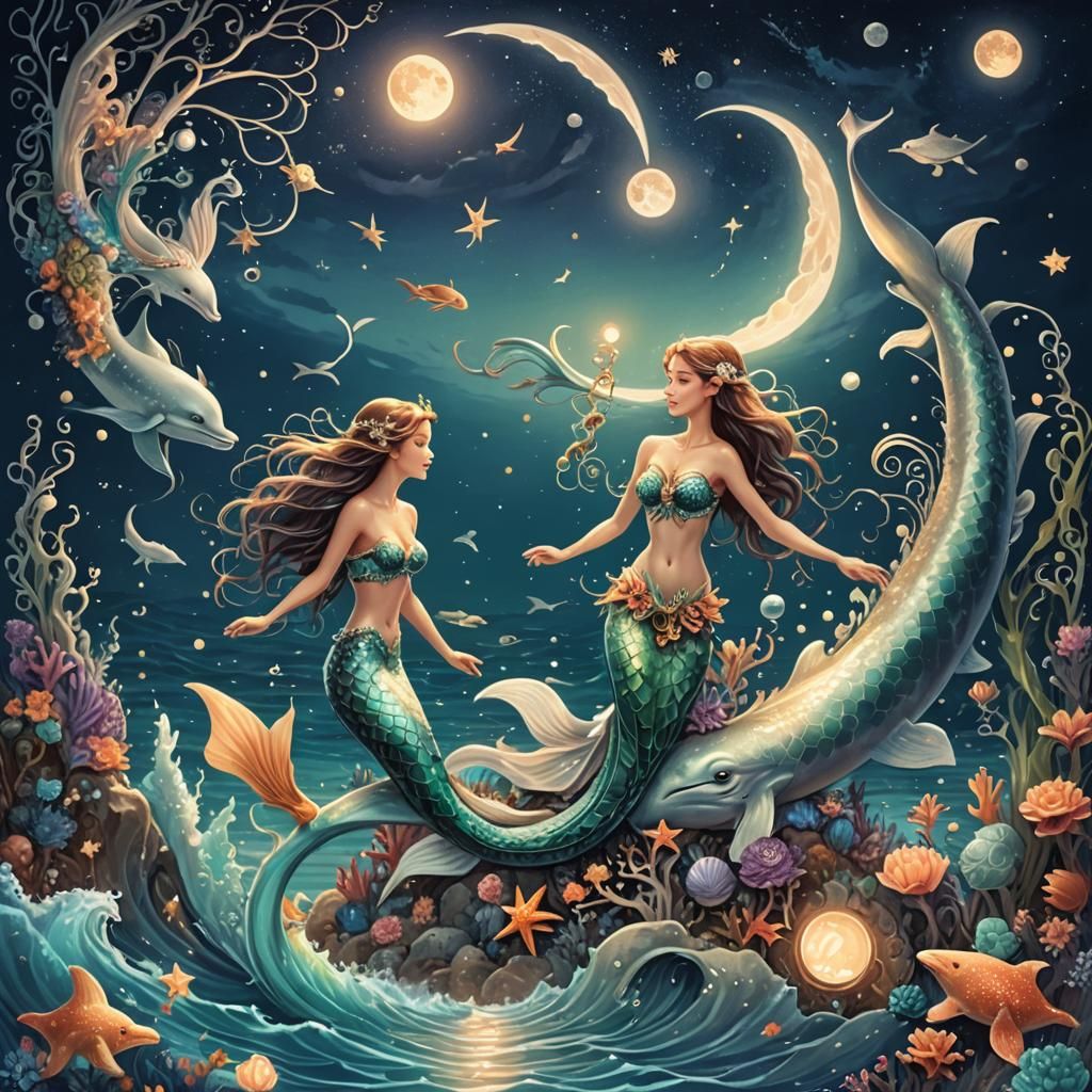 Mermaids Play Under the Stars: Dreamy Fantasy Art