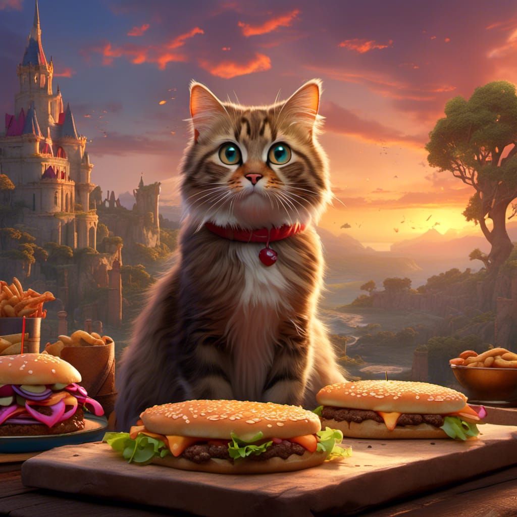 Cat's Burger Bliss: A Detailed Matte Painting