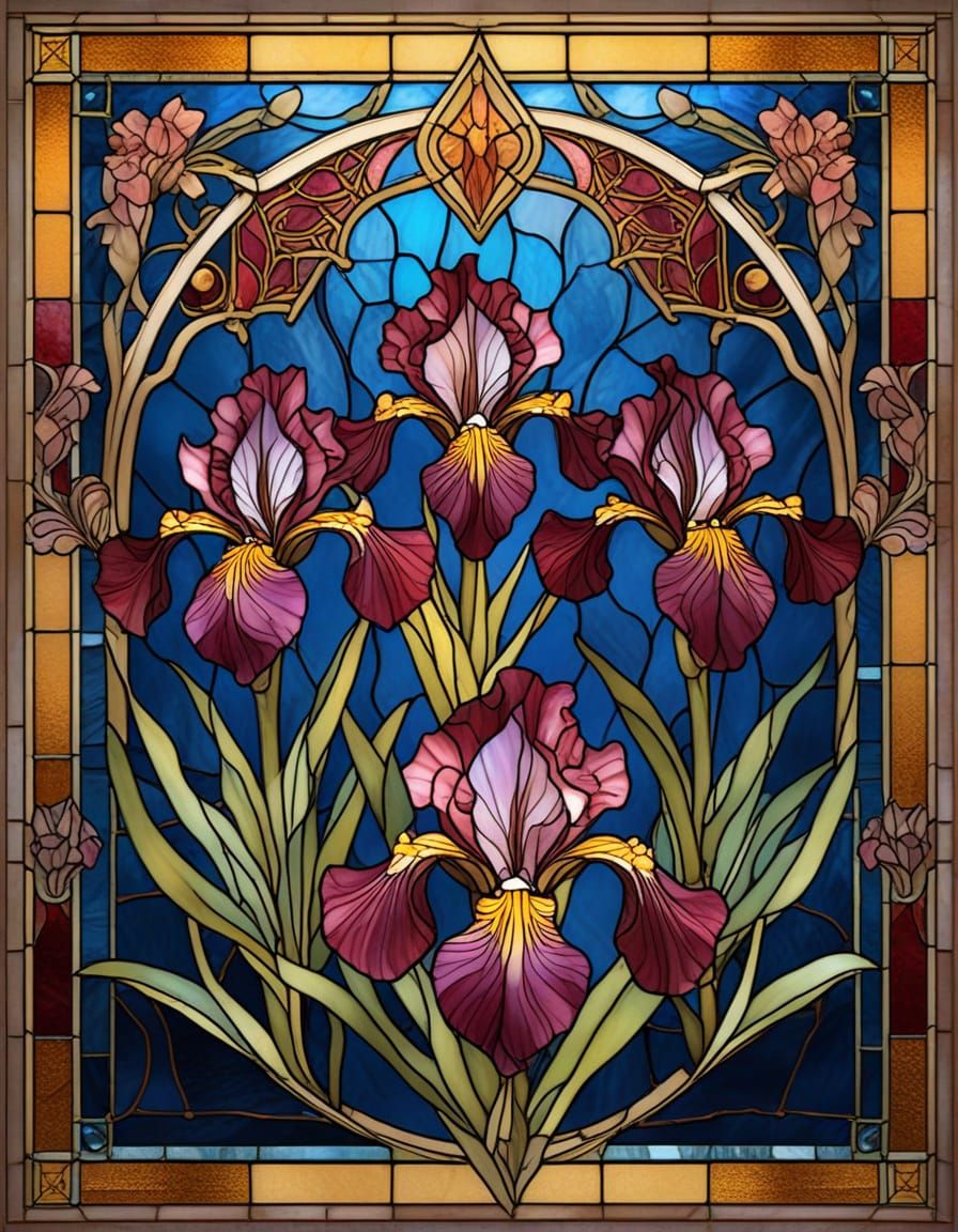 Burgundy Iris Flowers Rendered in Stained Glass Art