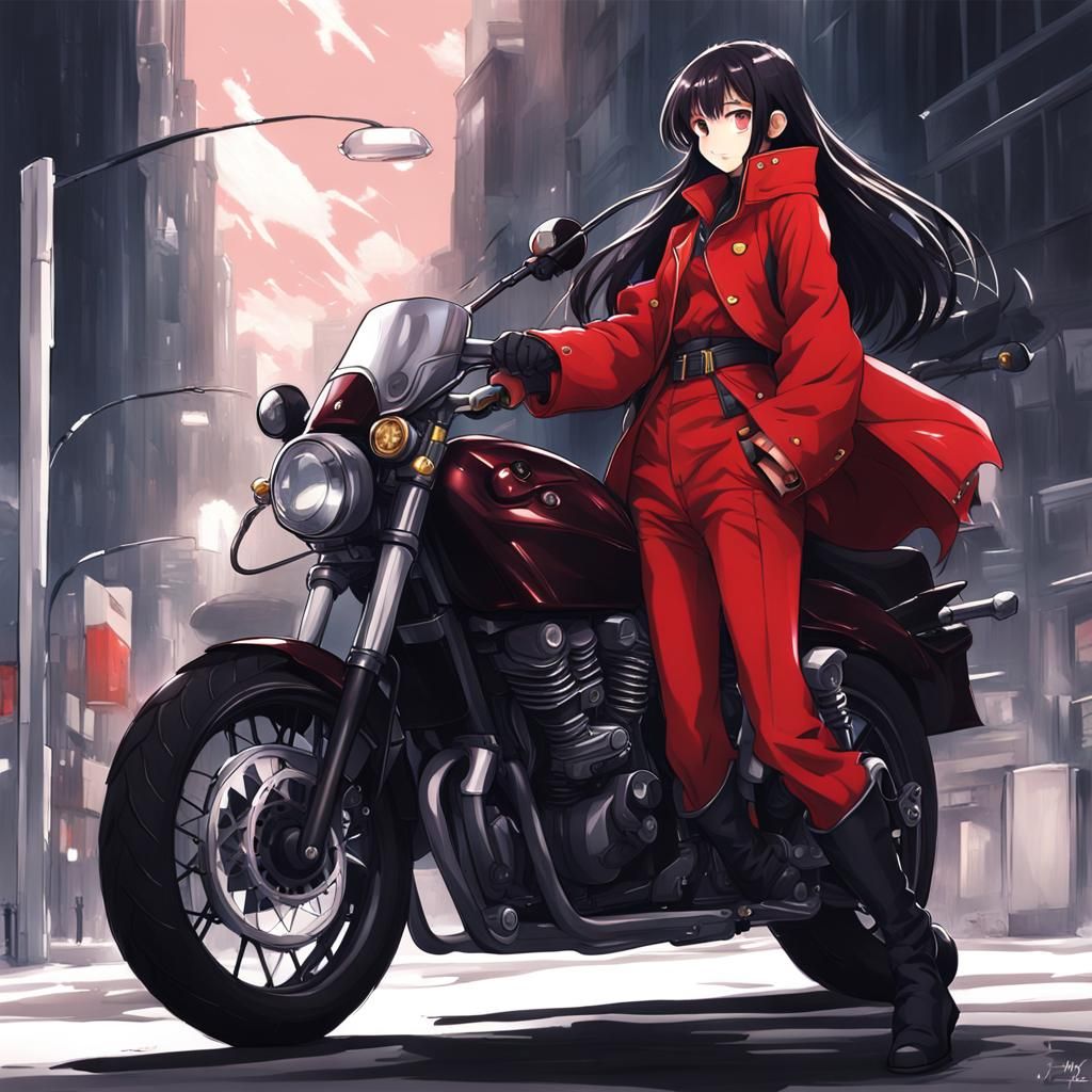 Anime Style: Woman on Motorcycle in Red Outfit