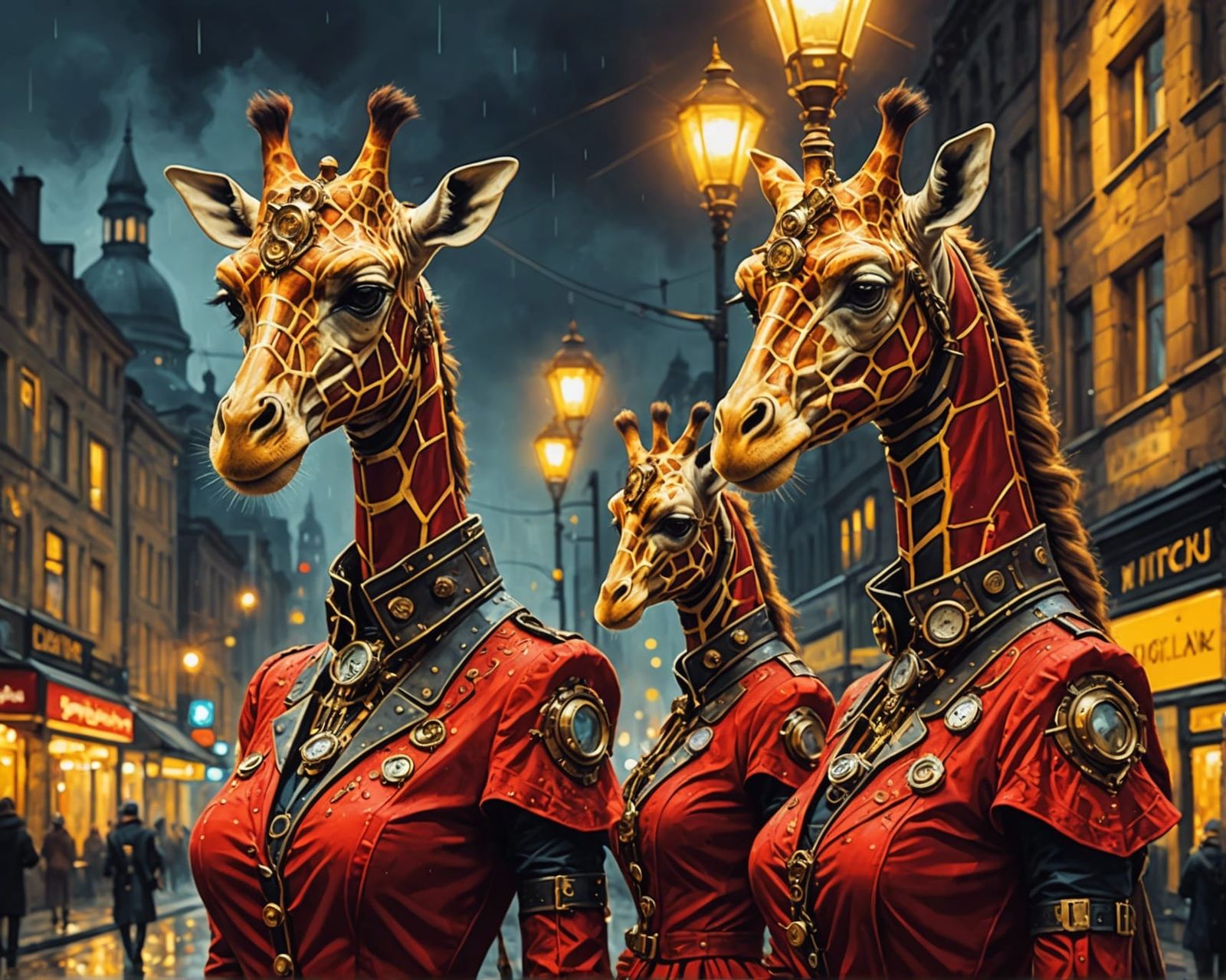 Steampunk Giraffes in Night City, Oil Painting Style