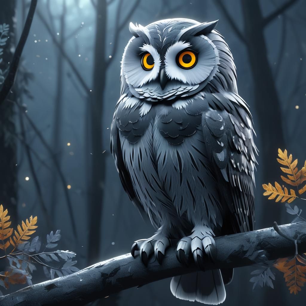 Anime-Inspired 3D Art of Grey Owl on Misty Branch