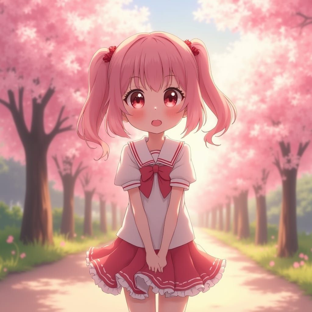 Cute Anime Girl in Cherry Blossom Park, Vibrant Spring Scene