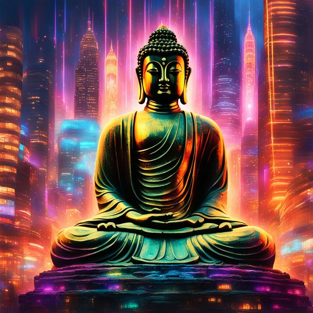 Buddha in Sci-Fi Cityscape: Impressionistic Kinetic Art
