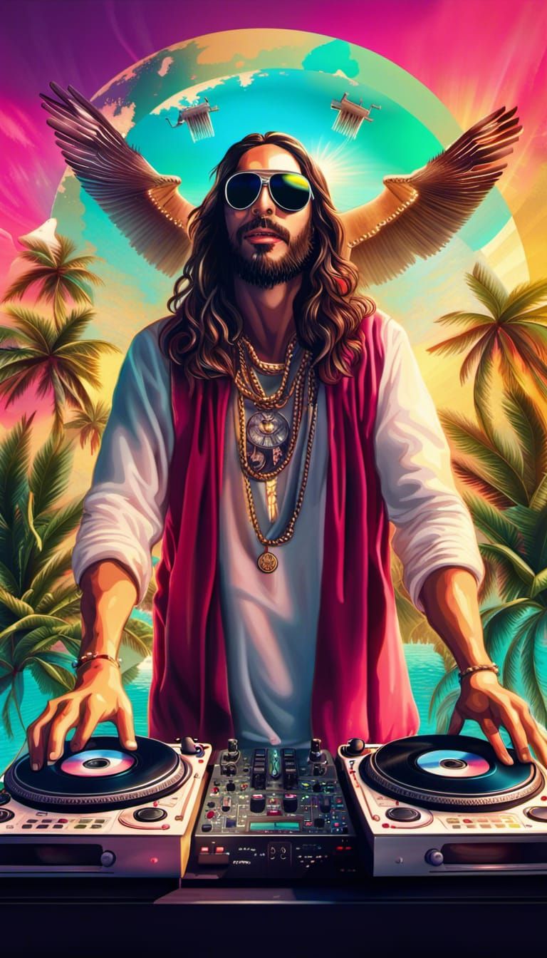 Apocalyptic Rave: Flying DJ Christ in Matte Painting