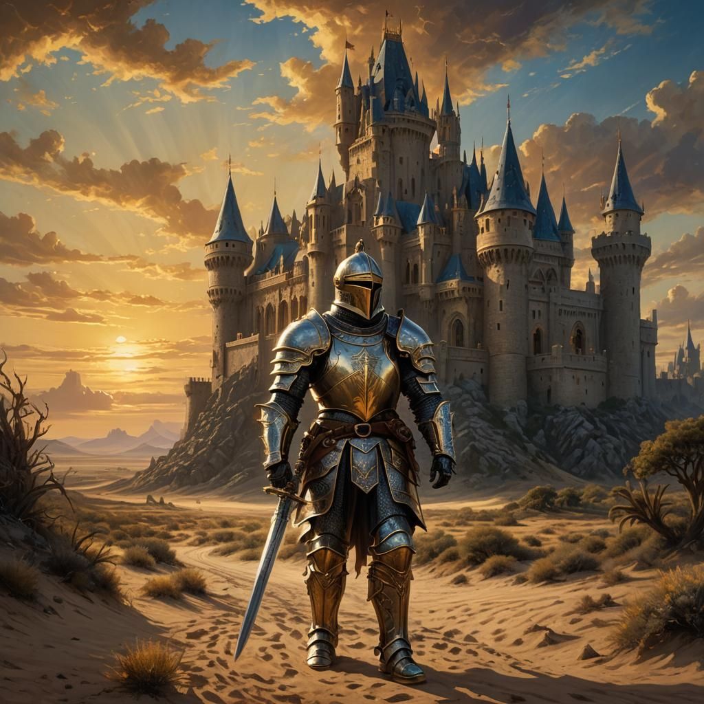 Knight and Castle in Desert Landscape at Sunset
