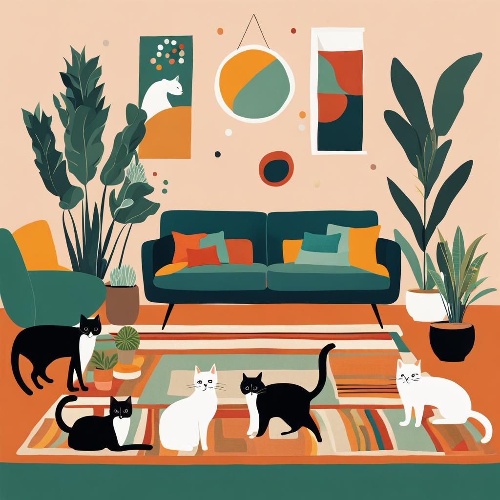 Cats in a Bohemian Living Room Illustration