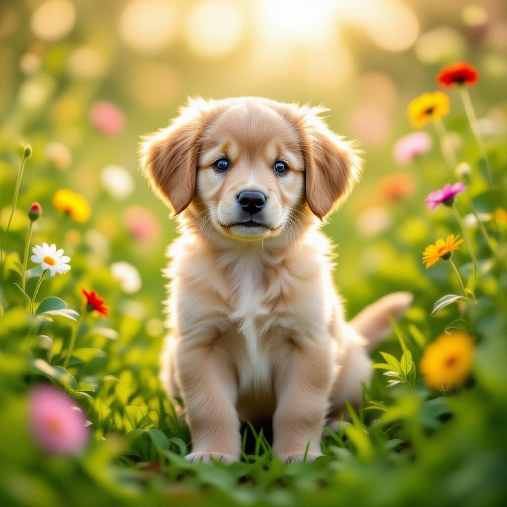 Cute Golden Retriever Puppy in a Vibrant Garden