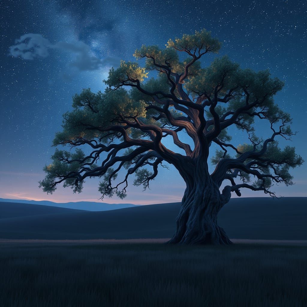 Majestic Tree Under Starry Night Sky in Anime Style