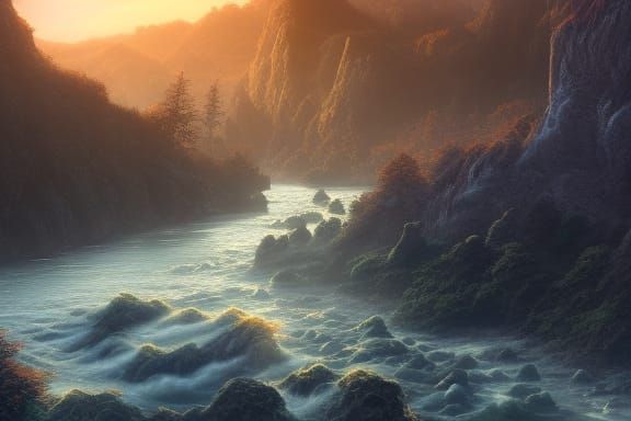 Fantasy Cliffside Above River at Sunrise in 4K