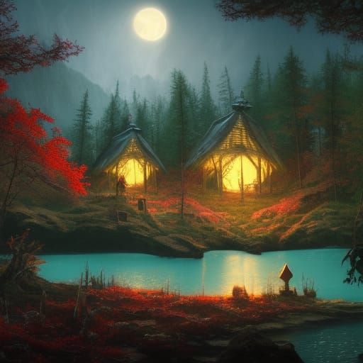 Enchanted Cabins in Crimson Flower Forest Under Moonlight
