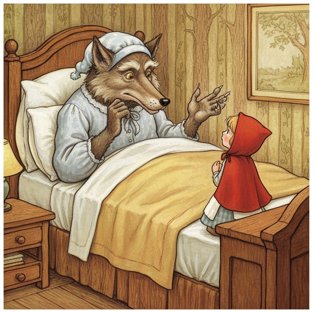 Wolf as Grandma with Little Red Riding Hood Storybook Style