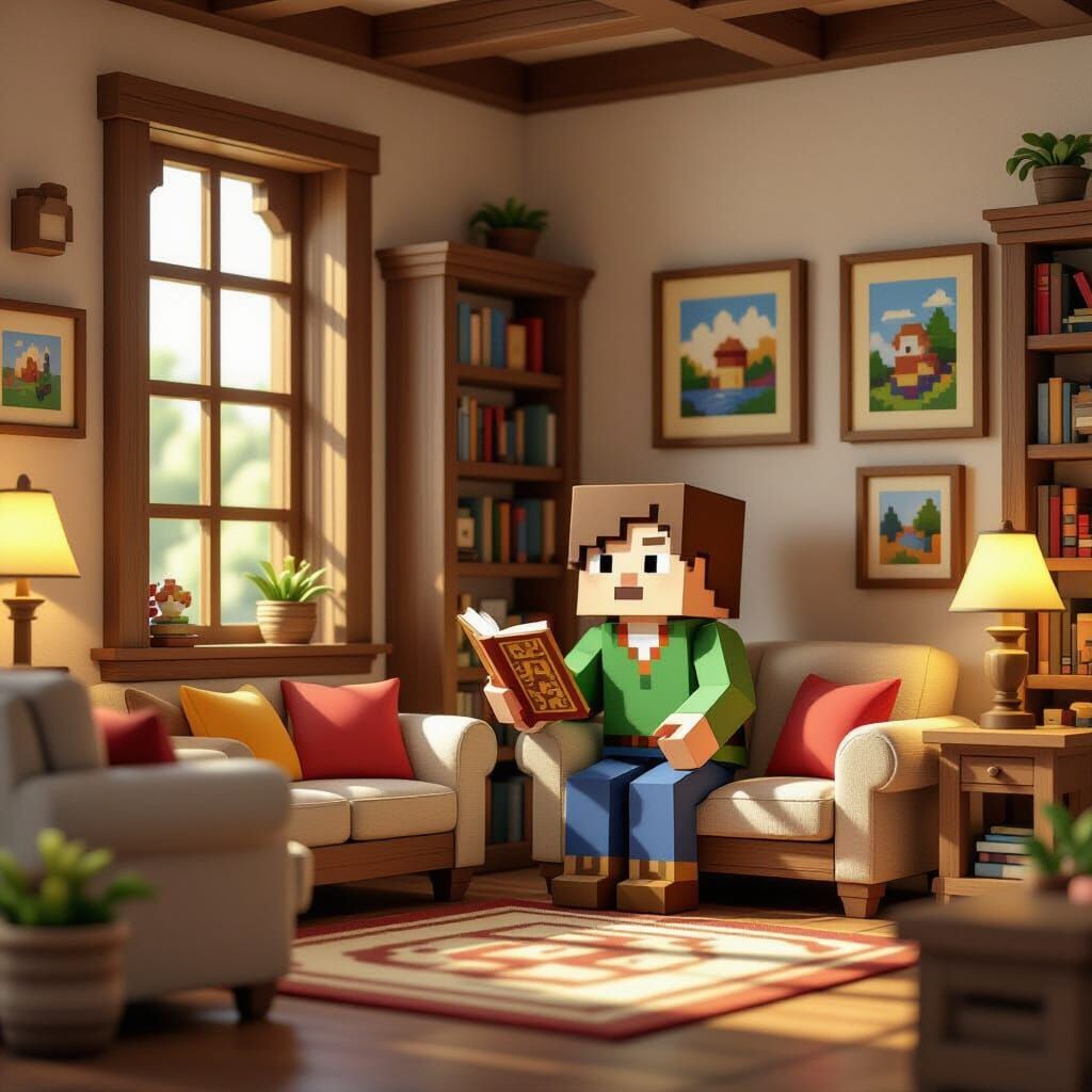 Cozy Minecraft Room with Bookshelves and Pictures