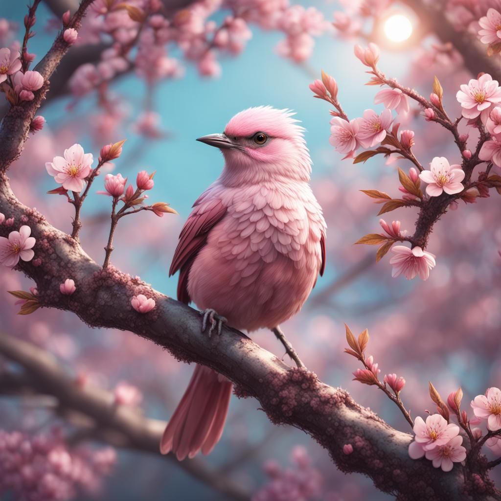 Pastel Bird in Cherry Blossom Tree: Detailed Matte Painting