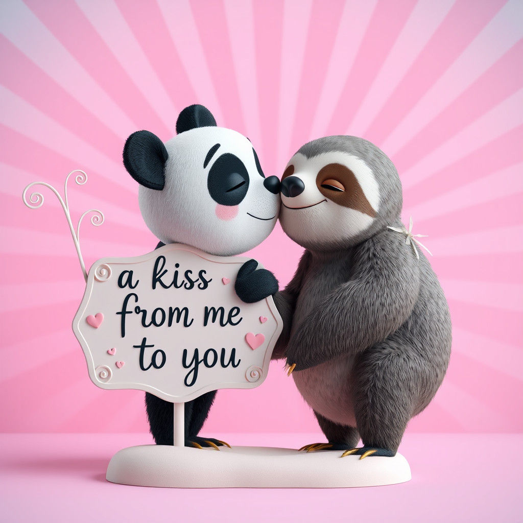Panda and Sloth Share a Kiss: Pixar-Inspired 3D Art