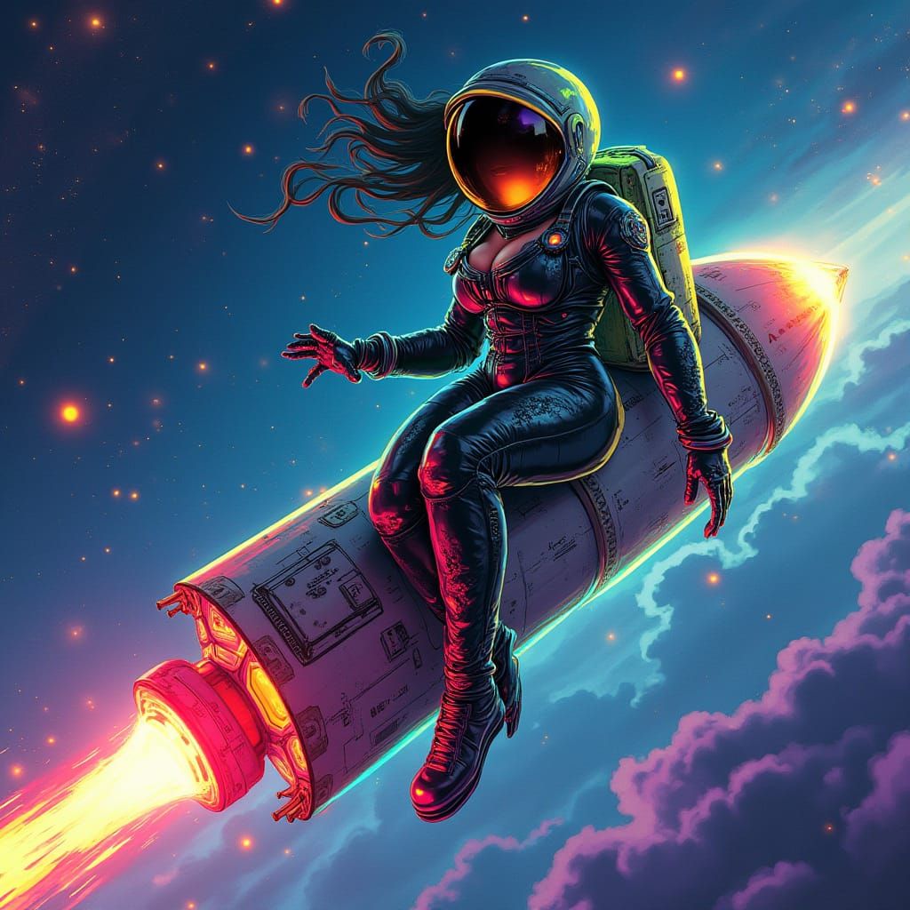 Futuristic Astronaut Woman Soars on Retro-Futuristic Rocket ...