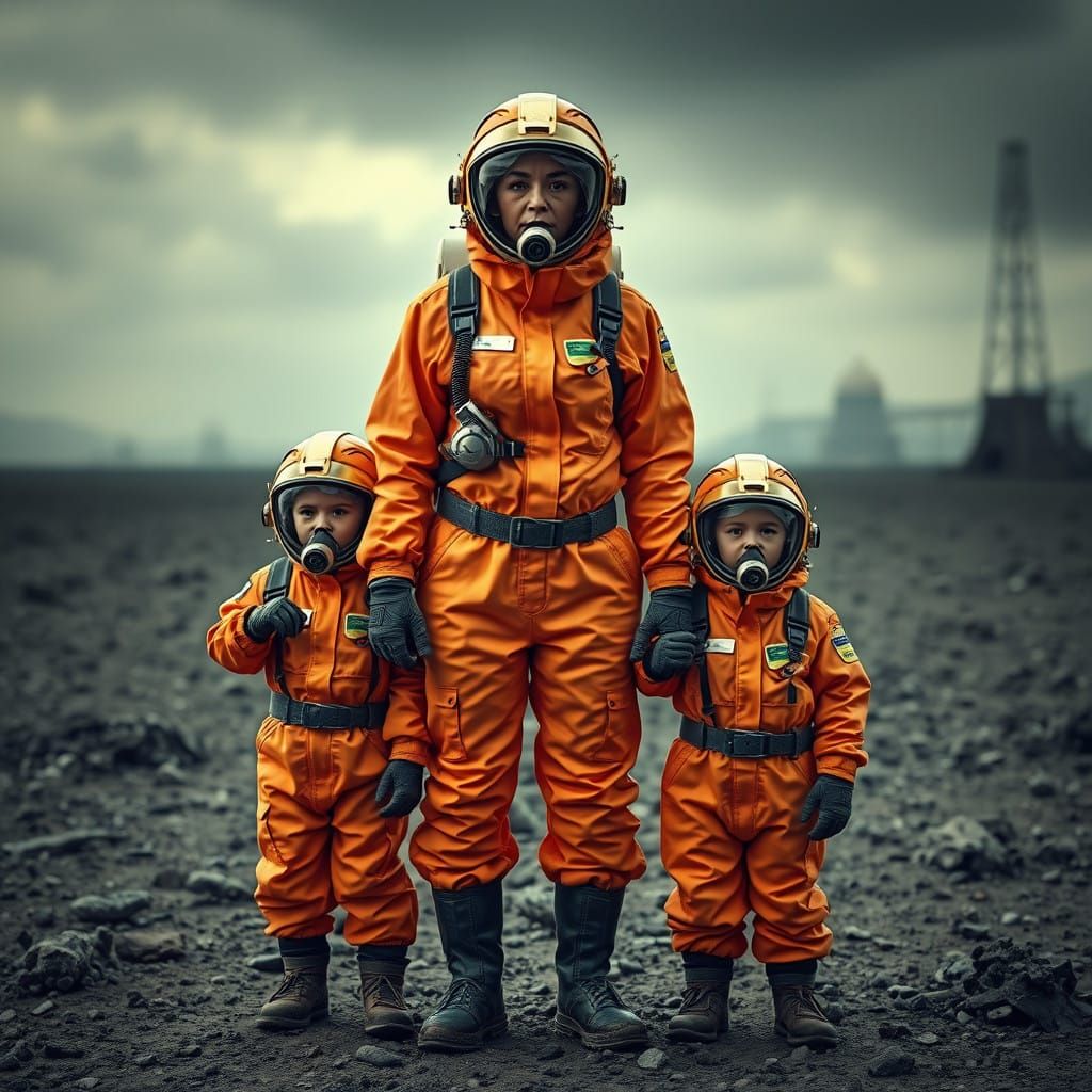 Mother and Children Stand Strong in Hazardous Suits