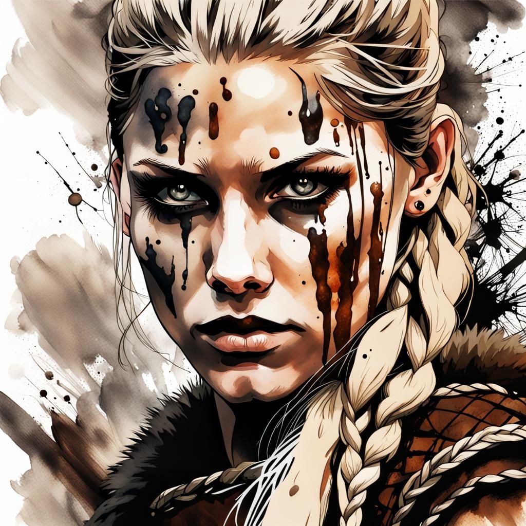 Lagertha shieldmaiden intense gaze with bold brown eyes  warpaint on her face, perfect, masterpiece, ink splatter, silho...