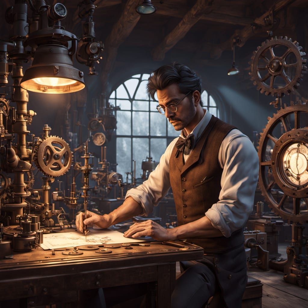 Steampunk Inventor Tinkering in Workshop: Miyazaki-Inspired