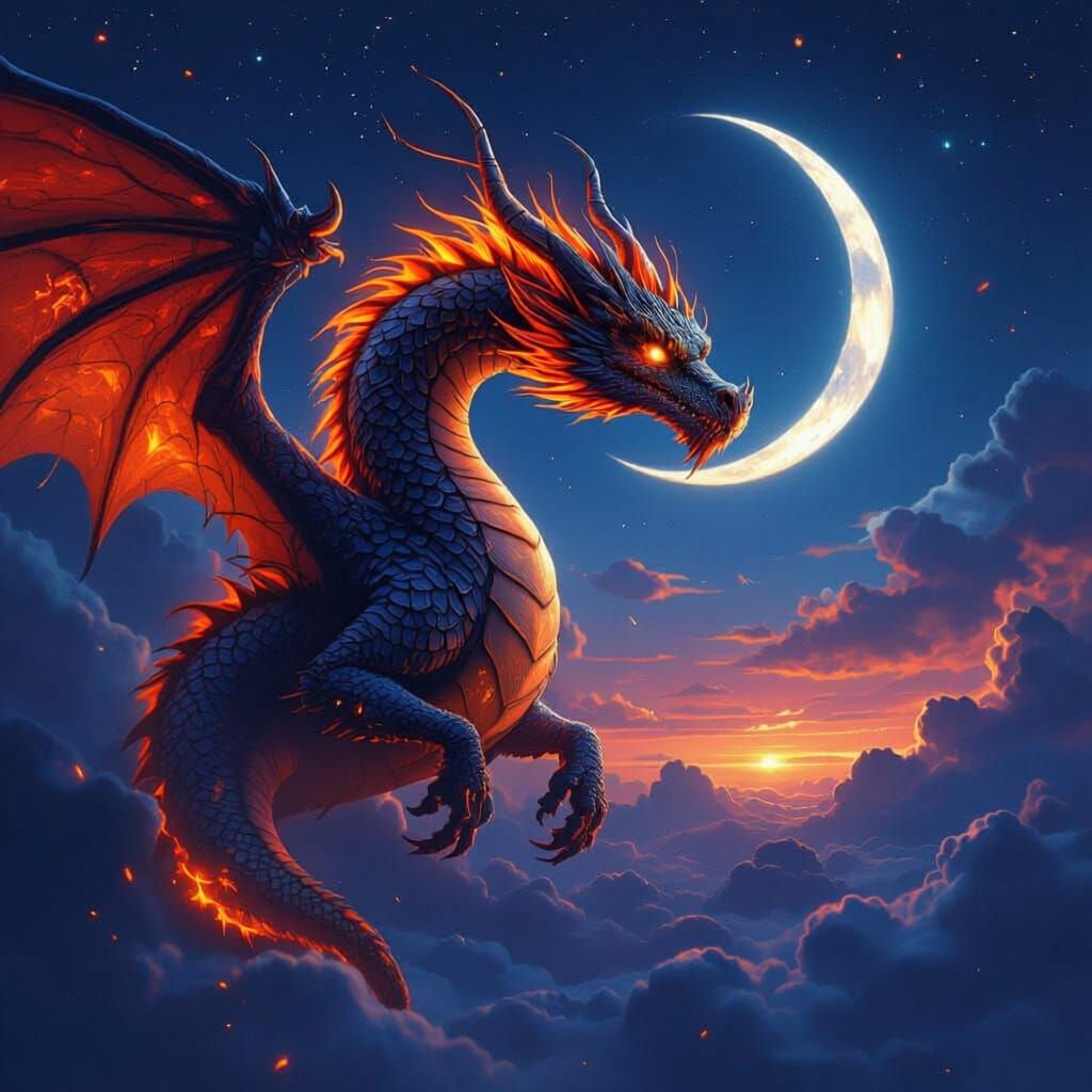 Majestic Fire Dragon Soars Through Night Sky