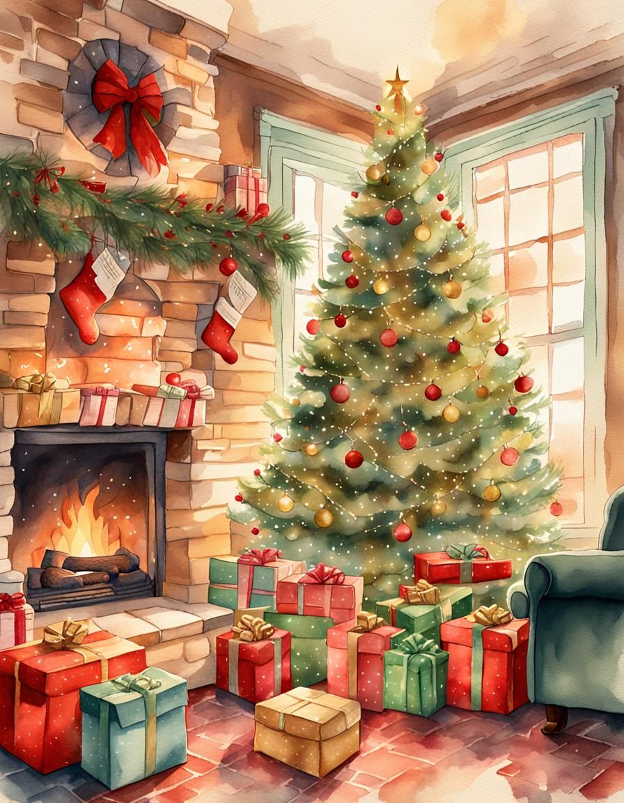 Cozy Christmas Tree Illustration in Watercolor Style