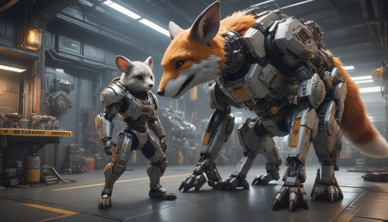 Mouse and Fox Mech Armor Upgrade in Sci-Fi Garage