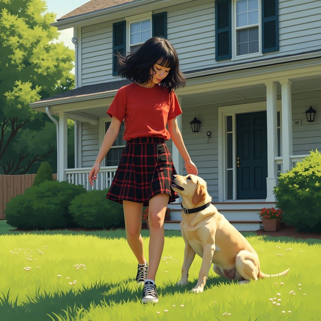 Hyperrealistic Portrait of Keiko Trainer with Yellow Lab