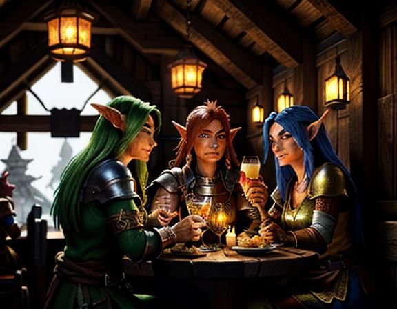 Goblin Cocktail Hour in Rustic Tavern: 3D Render