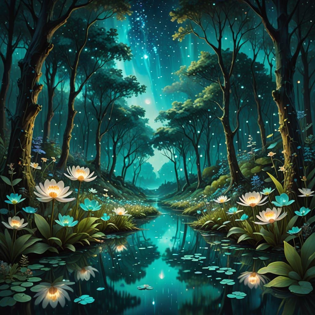 Magical Flower Forest Under Starry Sky as Oil Painting